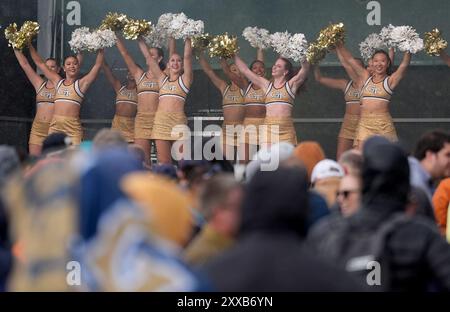 Georgia Tech cheerleaders performing at the Georgia Tech Helluva Block Party Pep Rally in Merrion Square, Dublin, as part of the build up to Saturday’s Aer Lingus College Football Classic, US College football match in Dublin. Picture date: Friday August 23, 2024. Stock Photo