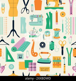 Seamless pattern of sewing tools icons tailor hand made workshop Stock Vector