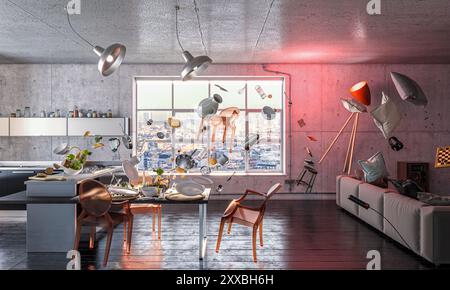 3d rendering  messy modern apartment  furniture utensils floating  air zero gravity Stock Photo