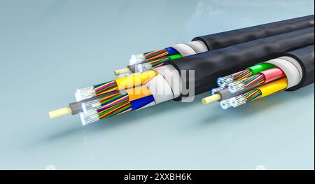 Fiber optic cables light blue background. connection concept. 3d Stock Photo