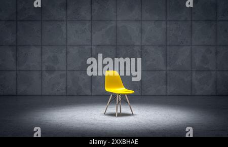 yellow chair  spotlight  concrete empty room with dark grey walls. 3d Stock Photo