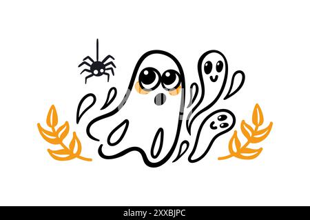 This cute and spooky illustration features playful ghosts alongside a charming spider, ideal for Halloween themes Stock Vector