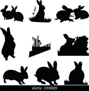 Set of beautiful rabbit silhouette design on a white background Stock Vector
