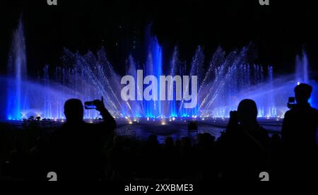 Hamburg, Germany. 22nd Aug, 2024. Hundreds of visitors watch the colorful  water light concert in the "Planten un Blomen" park in the late evening.  The traditional water light concerts have once again attracted thousands of  visitors since May. Credit: Marcus ...
