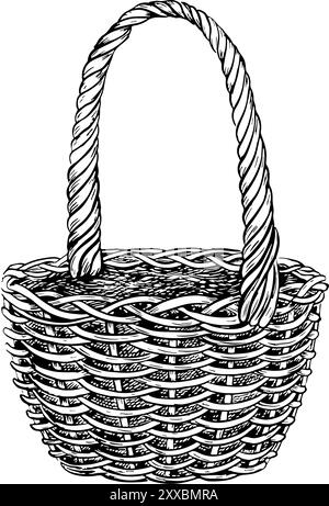 An empty wicker basket with handles. A hand-drawn sketch. A symbol of a picnic and harvest. Vector illustration highlighted on a white background. Bla Stock Vector