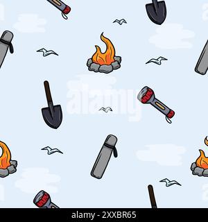 Seamless pattern with campfire, thermos, shovel, flashlight. Illustration related to, camping, hiking, vacation, travel Stock Vector