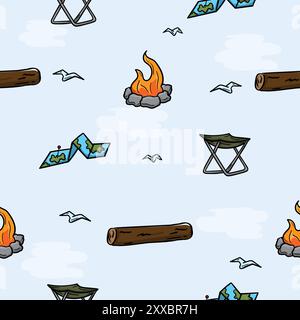 Seamless pattern with bonfire, folding stool, map log. Illustration related to, camping, hiking, vacation, travel Stock Vector