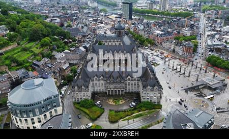 Aerial drone footage of Le Palais des Princes-Évêques Liège Belgium monumental 16th-century palace complex Stock Photo