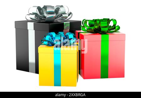 Colored Gift Boxes with bows and ribbons, 3D rendering isolated on white background Stock Photo