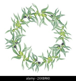 Green Olive branches watercolor round wreath. Olives and vibrant leaves Mediterranean plant in abstract style. Frame with copy space for text. Stock Photo