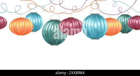 Colored paper lamps on Intertwining ribbons watercolor seamless banner. Flying hanging Chinese lanterns illustration for Festival of light Stock Photo