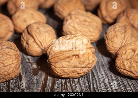 walnuts group on wood background Stock Photo