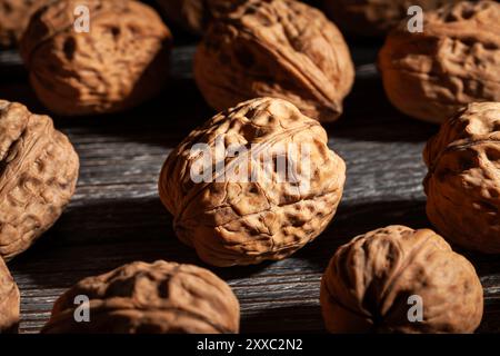 walnuts group on wood background Stock Photo