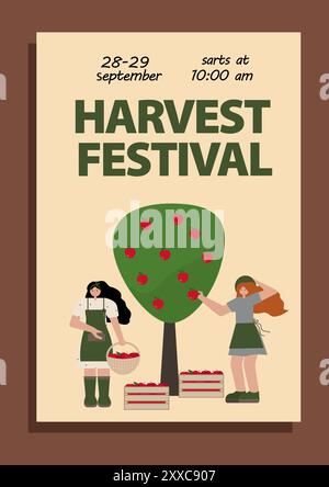 Vector illustration in flat style of harvest festival poster featuring two young women picking apples from tree. For promoting autumn events, seasonal Stock Vector