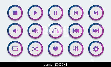 Music playlist neumorphic UI button set on white background. Collection of futuristic soft user interface buttons with simple icon Stock Vector