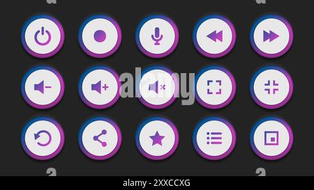 Music playlist neumorphic UI button set on black background. Collection of futuristic soft user interface buttons with simple icon. Stock Vector