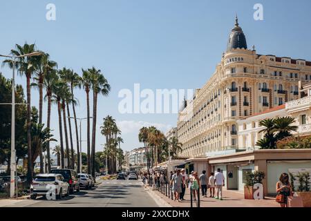 Cannes, France - August 1, 2024: View of the famous Carlton Hotel in Cannes on the Croisette Stock Photo