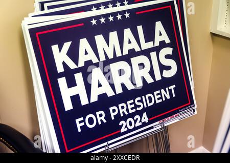 Campaign signs for Democratic presidential nominee Vice President Kamala Harris are pictured at the Democratic Party headquarters in Mobile, Alabama. Stock Photo