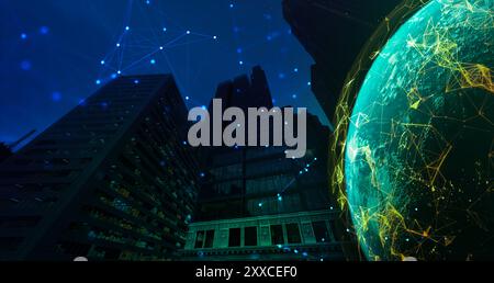 Modern cityscape and communication network concept. Telecommunication. IoT (Internet of Things). ICT (Information communication Technology). 5G. Smart Stock Photo