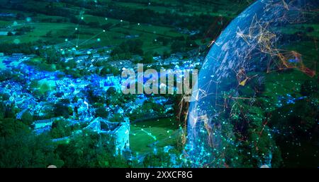 Modern cityscape and communication network concept. Telecommunication. IoT (Internet of Things). ICT (Information communication Technology). 5G. Smart Stock Photo