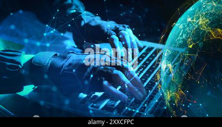 young engineer building a network system .Cybercrime, hacker and thinking at computer for virus, overlay and futuristic at desk. Male criminal, hoodie Stock Photo