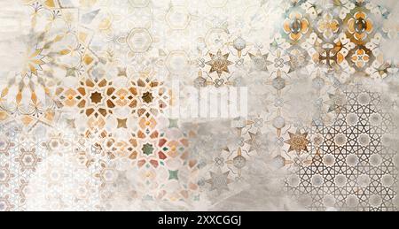 canvas texture background with islamic pattern .the patterns on vintage floor . Old gray rusty vintage worn shabby patchwork motif tiles stone concret Stock Photo