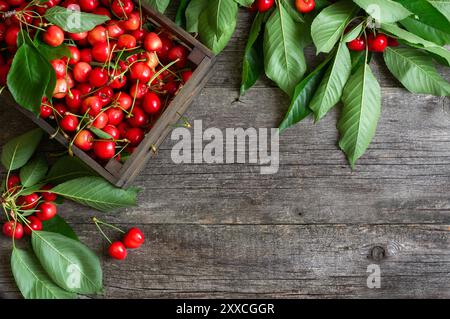 Close up fresh ripe red cherries in basket on wooden background, heap of summer fruits concept Stock Photo