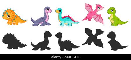 Different types of dinosaurs and their silhouettes. Vector cartoon illustration. Stock Vector