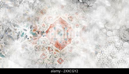 canvas texture background with islamic pattern .the patterns on vintage floor . Old gray rusty vintage worn shabby patchwork motif tiles stone concret Stock Photo