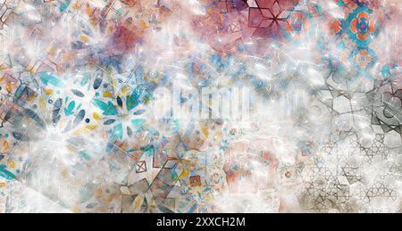 canvas texture background with islamic pattern .the patterns on vintage floor . Old gray rusty vintage worn shabby patchwork motif tiles stone concret Stock Photo