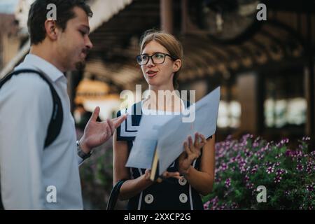 Businesspeople discussing marketing strategies and analyzing reports outdoors, with focus on business growth and sales planning to achieve successful Stock Photo