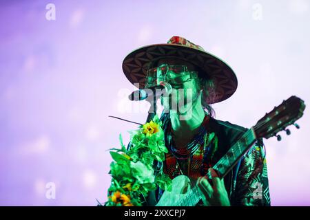 Porto, Portugal. 23rd Aug, 2024. Sebastian Pringle from the English-Spanish indie folk and folktronica band, Crystal Fighter, performs live at Vilar de Mouros music festival 2024. (Photo by Diogo Baptista/SOPA Images/Sipa USA) Credit: Sipa USA/Alamy Live News Stock Photo