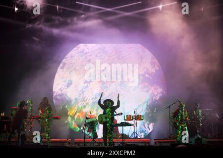 Porto, Portugal. 23rd Aug, 2024. Sebastian Pringle from the English-Spanish indie folk and folktronica band, Crystal Fighter, performs live at Vilar de Mouros music festival 2024. (Photo by Diogo Baptista/SOPA Images/Sipa USA) Credit: Sipa USA/Alamy Live News Stock Photo