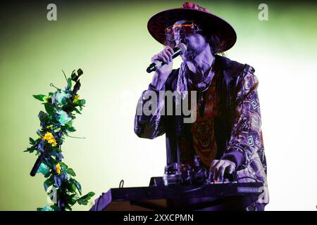 Porto, Portugal. 23rd Aug, 2024. Sebastian Pringle from the English-Spanish indie folk and folktronica band, Crystal Fighter, performs live at Vilar de Mouros music festival 2024. (Photo by Diogo Baptista/SOPA Images/Sipa USA) Credit: Sipa USA/Alamy Live News Stock Photo