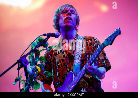 Porto, Portugal. 23rd Aug, 2024. Sebastian Pringle from the English-Spanish indie folk and folktronica band, Crystal Fighter, performs live at Vilar de Mouros music festival 2024. (Photo by Diogo Baptista/SOPA Images/Sipa USA) Credit: Sipa USA/Alamy Live News Stock Photo