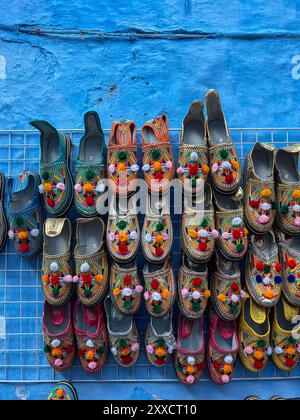 Traditional Moroccan shoes for sale in Chefchaouen, Morocco Stock Photo