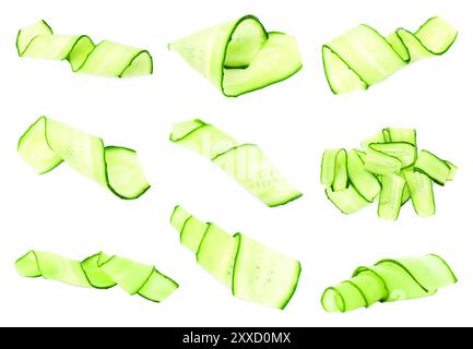 Thinly sliced cucumbers isolated on white, collage Stock Photo