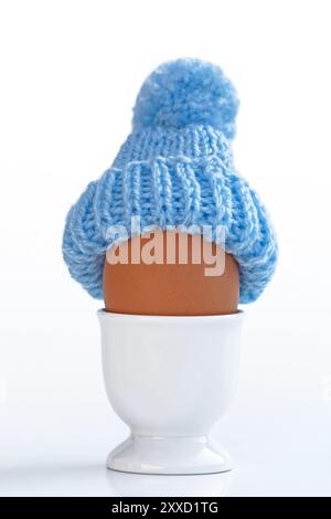 Boiled egg with a woollen cap Stock Photo