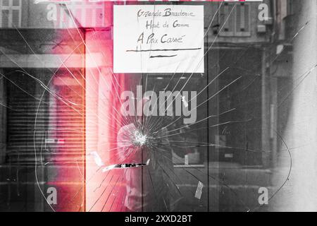 Selfi of a photographer in a broken shop window Stock Photo