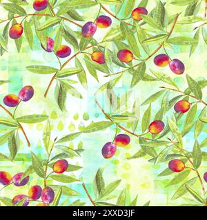 A seamless watercolor pattern of vibrant olive tree branches with olives, a vegan repeat print on a teal blue background Stock Photo
