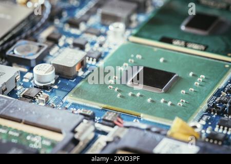 Computer chip on a circuit board, close up, Computer technology Stock Photo