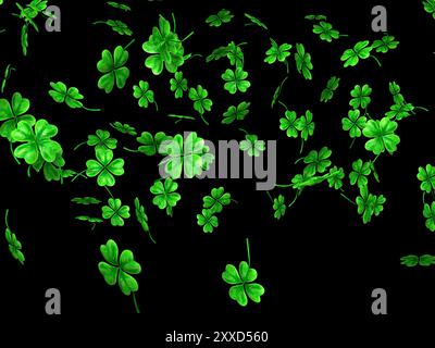 3D illustration of falling shamrock leaves Saint Patricks day symbol isolated on black background Stock Photo