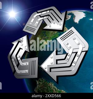 Artistic recycling symbol over Earth globe Conceptual 3D illustration Environment and ecology Solar energy concept Stock Photo