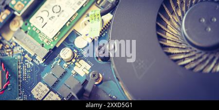 Computer cooling fan for overclocking on a circuit board, close up, Computer technology Stock Photo
