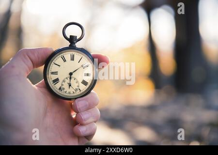 Hand held stop watch outdoors, autumn, blurry background Stock Photo