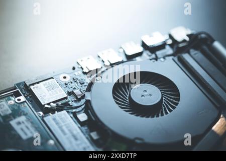 Computer cooling fan for overclocking on a circuit board, close up, Computer technology Stock Photo