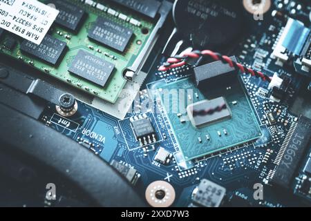 Computer chip on a circuit board, close up, Computer technology Stock Photo