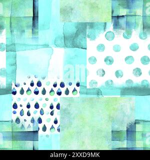 An abstract patchwork seamless pattern in teal blue, cool coloured watercolor repeat print of various tiles Stock Photo