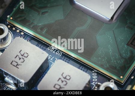 Computer chip on a circuit board, close up, Computer technology Stock Photo