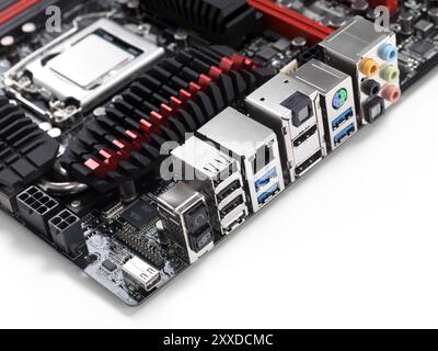 Closeup of motherboard back plate connectors including thunderbolt, usb 3 and other ports on white background Stock Photo